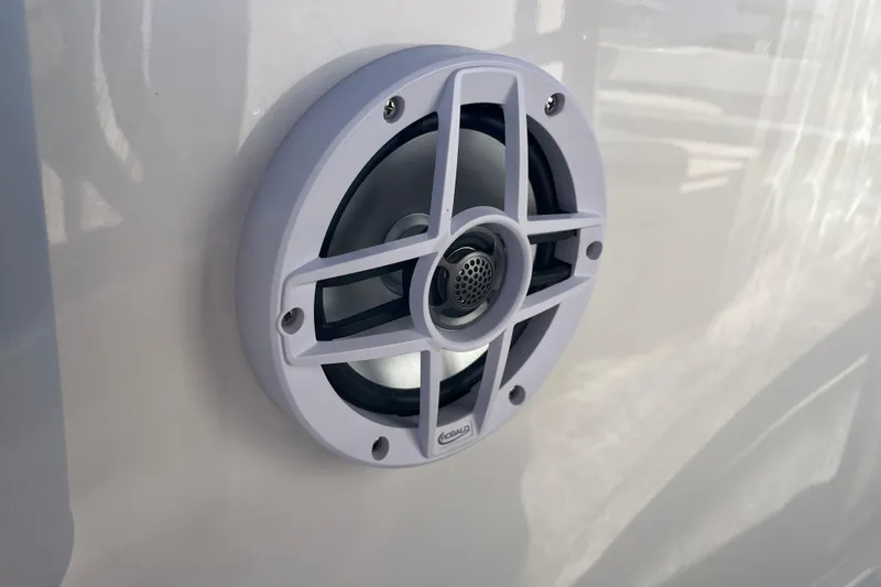 Slide: The Image of Speaker on 2026 Robalo R200 Center Console boat, mounted on white surface. - 17