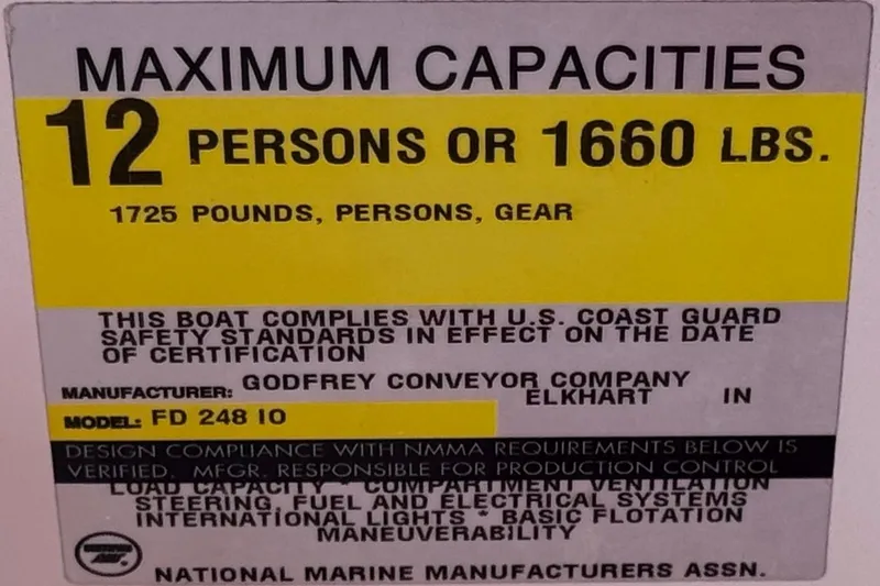 Slide: The Image of Capacity label for 2000 Godfrey 248 Fundeck, max 12 persons or 1660 lbs. - 37