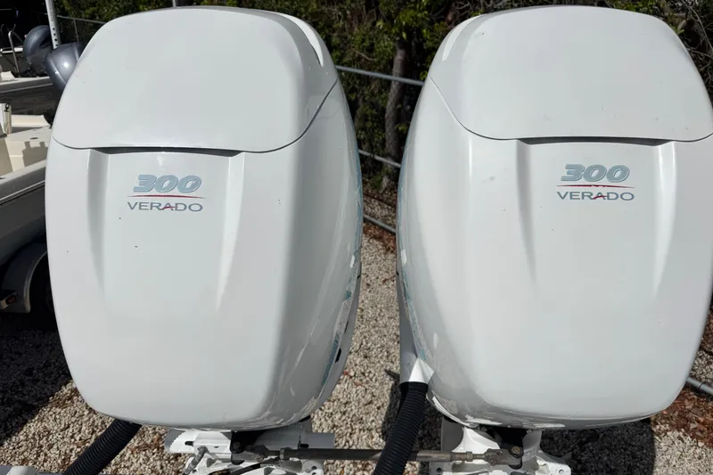 Slide: The Image of Twin Mercury 300 Verado outboard engines on a 2014 Blackwater 36 Sportfish boat. - 42