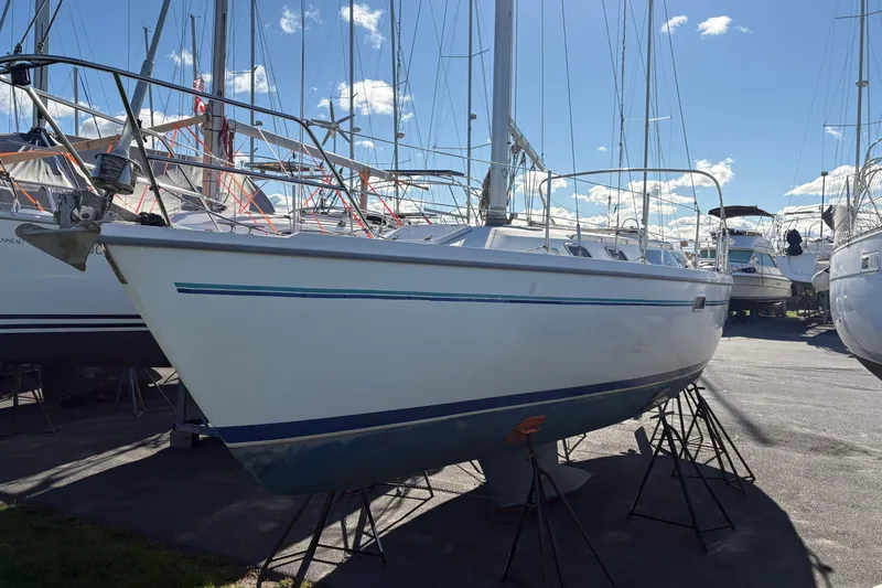 Slide: The Image of 1996 Catalina 36 MkII sailboat on stands in a marina under a clear blue sky. - 1