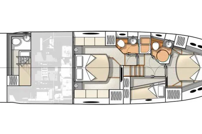 Slide: The Image of Floor plan of a 2016 Beneteau Monte Carlo 5 yacht, showcasing cabin layout and amenities. - 47
