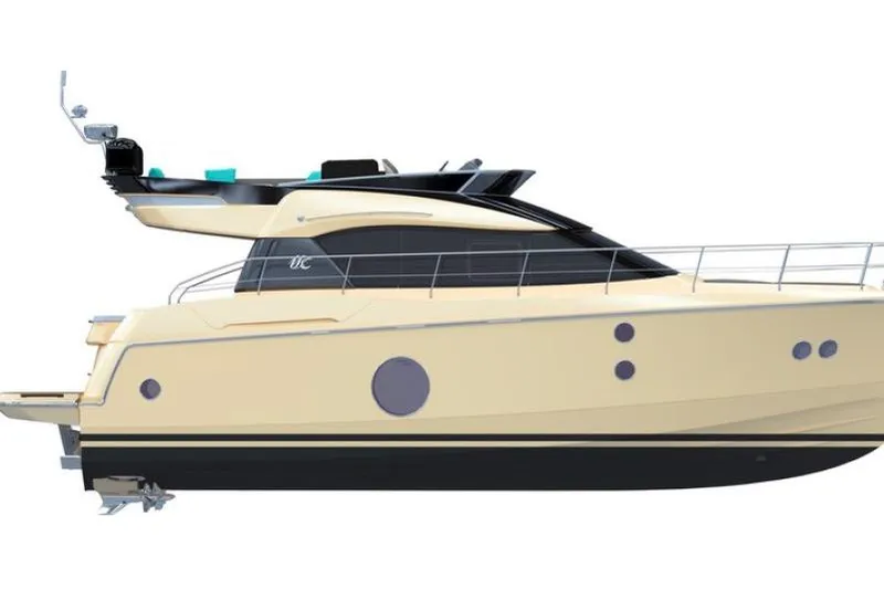 Slide: The Image of 2016 Beneteau Monte Carlo 5 yacht, side view, elegant design, beige and black color scheme. - 49