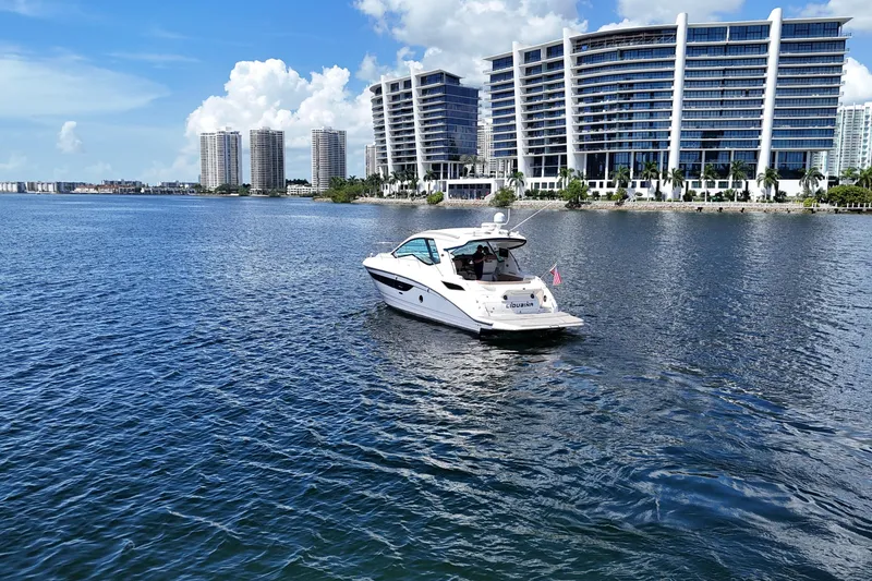 Slide: The Image of 2017 Sea Ray Sundancer 350 Coupe on water with modern buildings in background. - 106