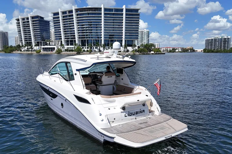Slide: The Image of 2017 Sea Ray Sundancer 350 Coupe yacht on water, city skyline in background. - 107