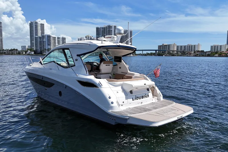 Slide: The Image of 2017 Sea Ray Sundancer 350 Coupe yacht on water, city skyline in background. - 112