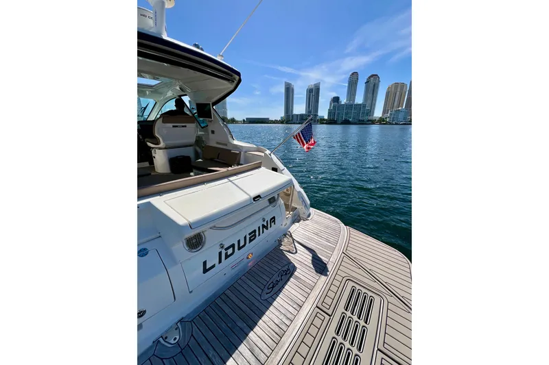 Slide: The Image of 2017 Sea Ray Sundancer 350 Coupe docked with city skyline in background. - 64