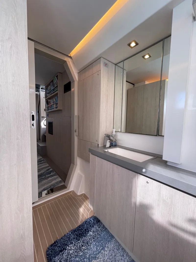 Slide: The Image of Interior of a Leopard 45 yacht, modern bathroom design, year 2021. - 30