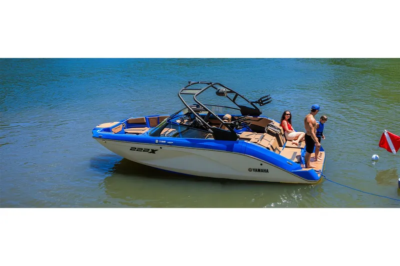 Slide: The Image of Yamaha 222XE 2025 boat with family on the water. - 10