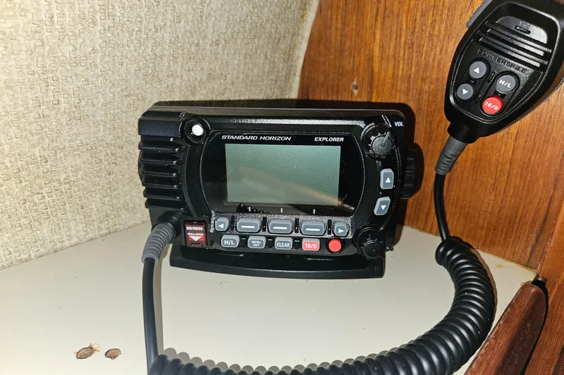 Slide: The Image of Standard Horizon Explorer radio in 1987 Morgan Classic 41 Center Cockpit yacht. - 46