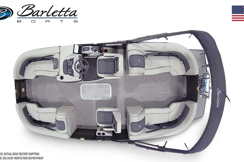 Slide: The Image of 2026 Barletta Cabrio 22QC pontoon boat, top view, showcasing spacious seating and modern design. - 11