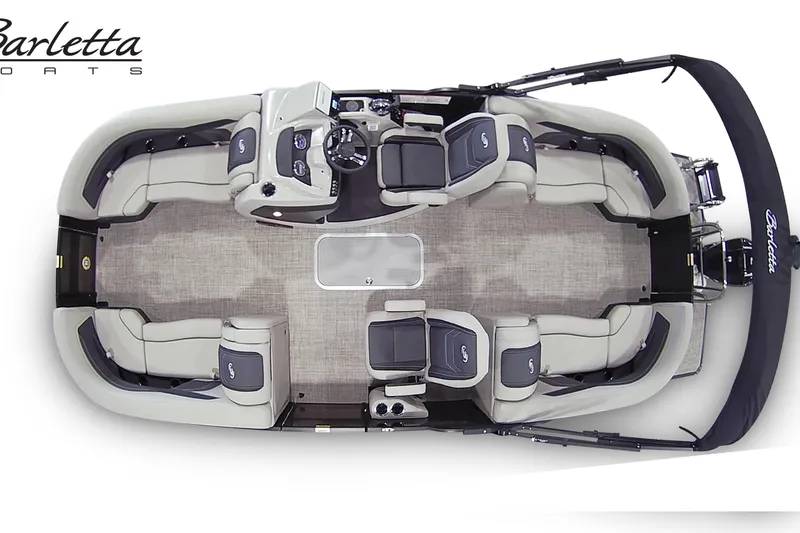 Slide: The Image of 2026 Barletta Cabrio 22QC pontoon boat, top view, spacious seating, elegant design. - 14