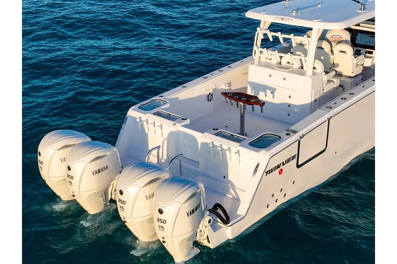 Slide: The Image of Manufacturer Provided Image: 2026 Twin Vee 400 GFX2 CC boat with Yamaha engines on open water. - 4