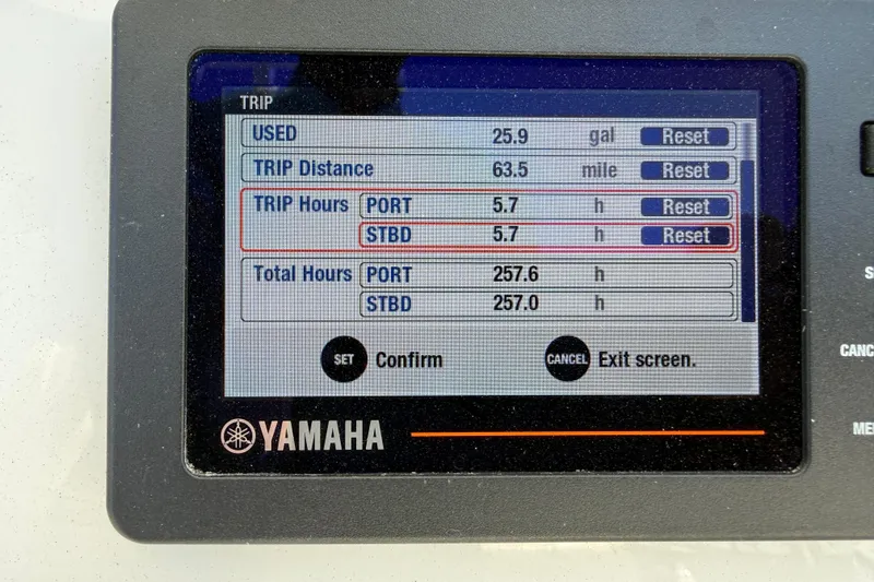 Slide: The Image of Yamaha display showing trip data for 2022 Tidewater 256 LXF boat. - 13