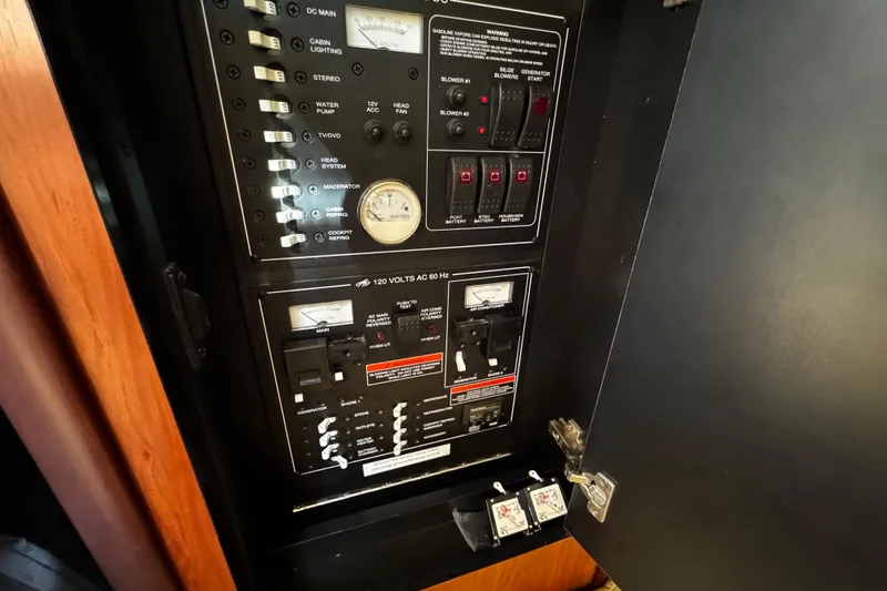 Slide: The Image of Electrical control panel inside a 2007 Monterey 330 Sport Yacht, featuring various switches and gauges. - 31