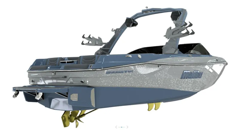 Slide: The Image of 2026 Malibu Wakesetter 23 LSV boat, modern design, blue-gray color. - 4