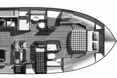 Slide: The Image of Floor plan of a 2006 Grand Banks 47 Heritage EU yacht, showcasing cabin layout. - 63