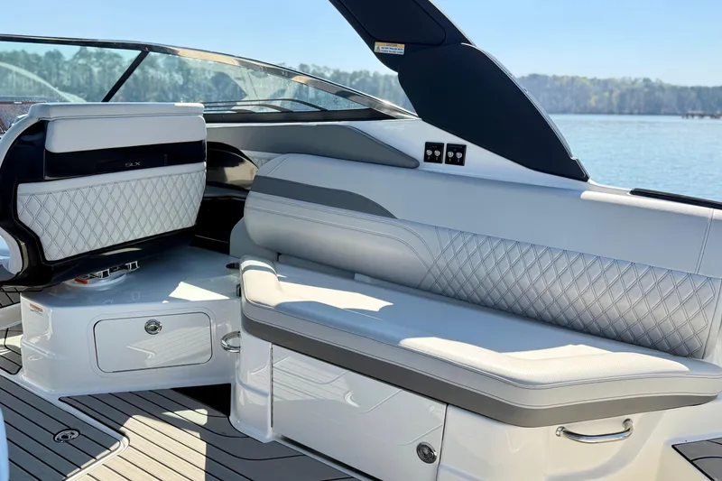 Slide: The Image of Luxurious interior of 2025 Sea Ray SLX 280 boat with elegant seating and modern design. - 12