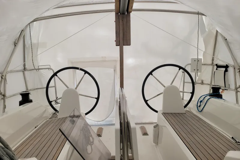 Slide: The Image of Interior view of a 2020 Beneteau Oceanis 30.1 sailboat cockpit with dual steering wheels. - 24