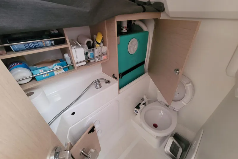 Slide: The Image of Beneteau Oceanis 30.1 2020 yacht bathroom with storage shelves and compact toilet. - 47