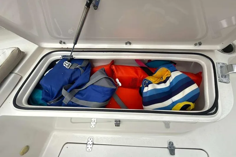 Slide: The Image of Storage compartment on a 2017 Sea Chaser 24 HFC boat with life jackets. - 4