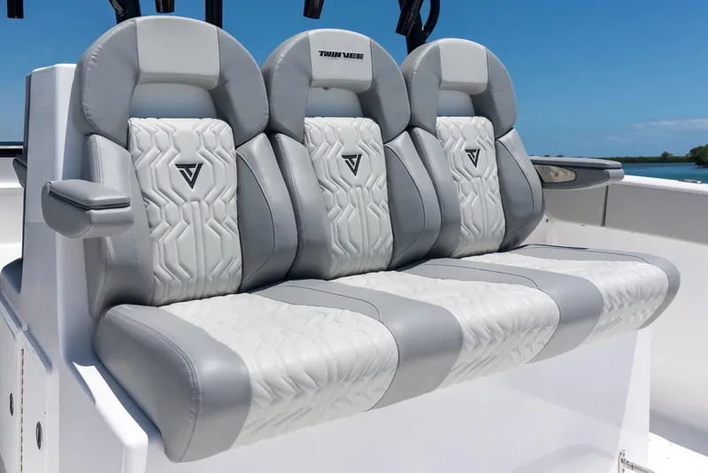 Slide: The Image of Luxury seating on 2026 Twin Vee 340 GFX CC boat, featuring modern design and comfort. - 12