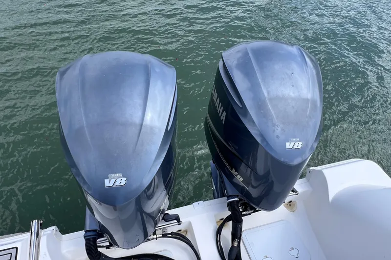 Slide: The Image of Twin Yamaha V8 outboard engines on a 2019 Sea Fox 328 Commander boat. - 16