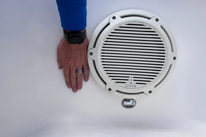 Slide: The Image of Hand next to JL Audio speaker on 2019 Sea Fox 328 Commander boat. - 54