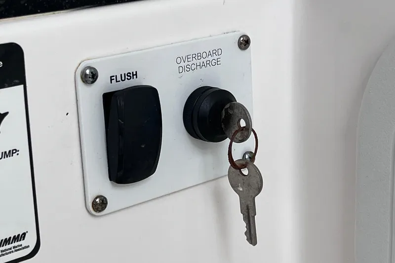 Slide: The Image of Key ignition panel on 2019 Sea Fox 328 Commander boat with flush and overboard discharge controls. - 67