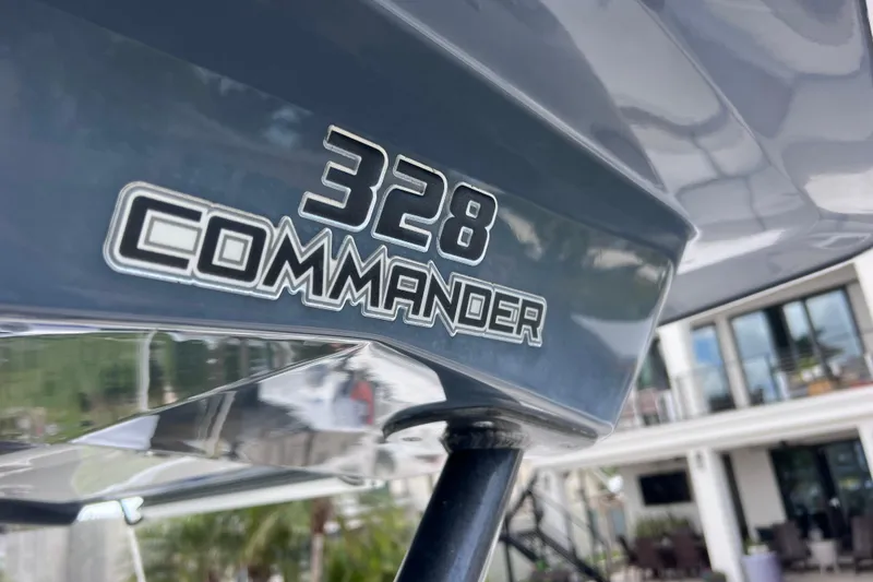 Slide: The Image of Close-up of 2019 Sea Fox 328 Commander boat model name on hull. - 74