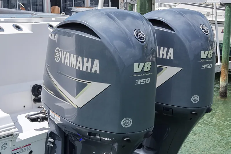 Slide: The Image of Twin Yamaha V8 350 outboard engines on a 2019 Sea Fox 328 Commander boat. - 8