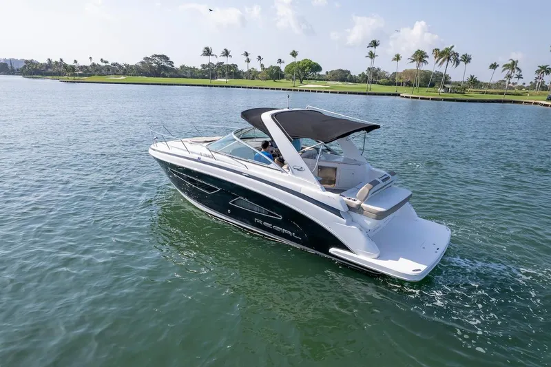 Slide: The Image of 2016 Regal 32 Express boat cruising on a sunny lake with palm trees in the background. - 4