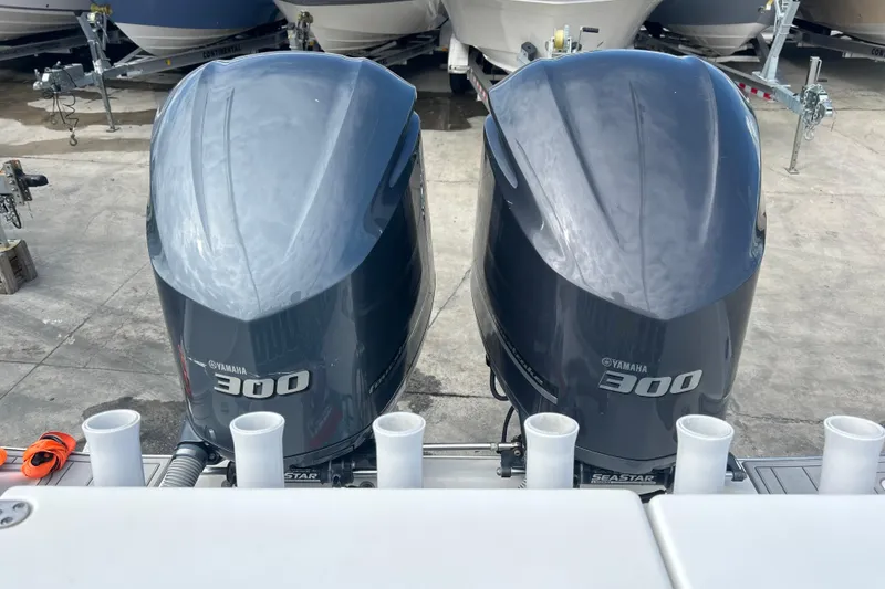 Slide: The Image of Twin Yamaha 300 outboard engines on a 2015 Cape Horn 32 XS boat. - 30