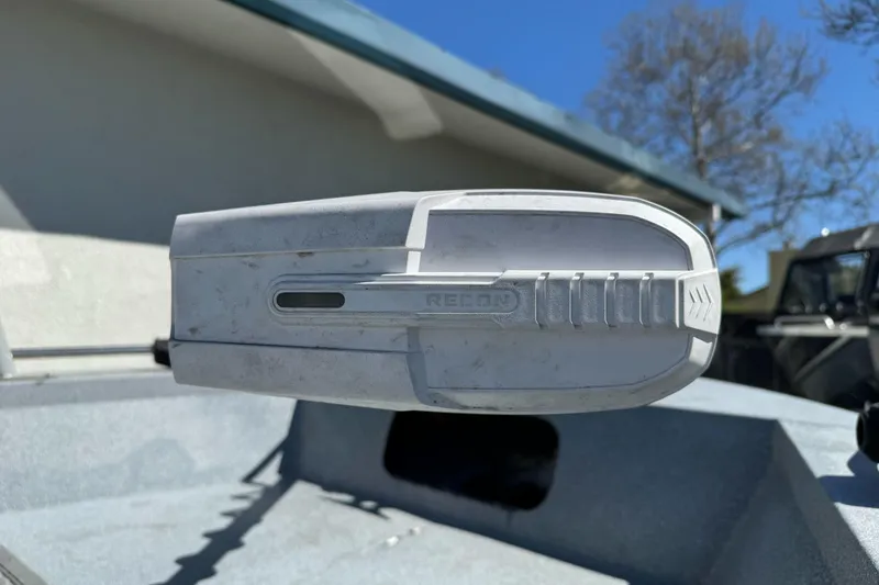 Slide: The Image of Close-up of a Jetcraft 1925 Adventurer boat part, 2008 model, under clear blue sky. - 12