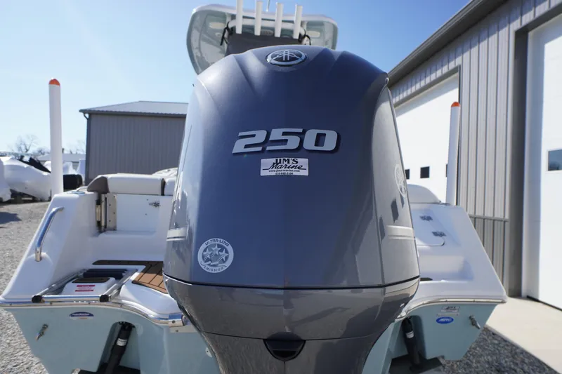 Slide: The Image of 2024 Tidewater 232 LXF boat with 250 horsepower engine, docked near a building. - 9