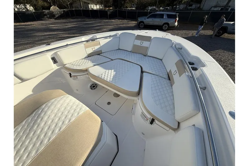 Slide: The Image of Luxurious seating area on 2026 Sea Fox 288 Commander boat, featuring elegant upholstery. - 29