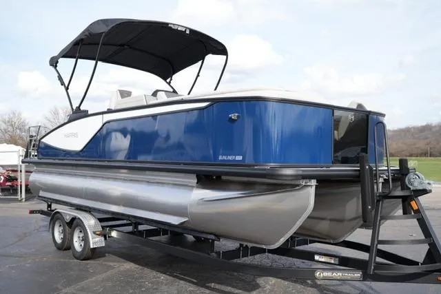 Slide: The Image of 2026 Harris Sunliner 230 pontoon boat on trailer, featuring sleek blue design and canopy. - 3