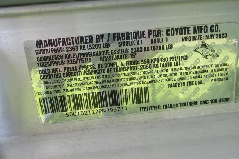 Slide: The Image of Label on 2023 Robalo R180 Center Console, detailing manufacturing and specifications by Coyote MFG Co. - 27