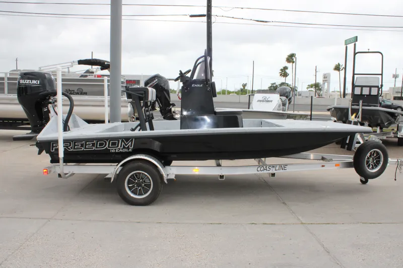 Slide: The Image of 2026 Freedom Boats 16' Eagle on trailer, featuring Suzuki outboard motor. - 13