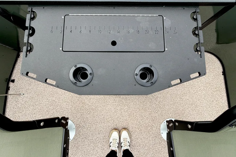 Slide: The Image of Veranda Vista 18VF4 boat deck with measurement panel and cup holders, 2026 model. - 8