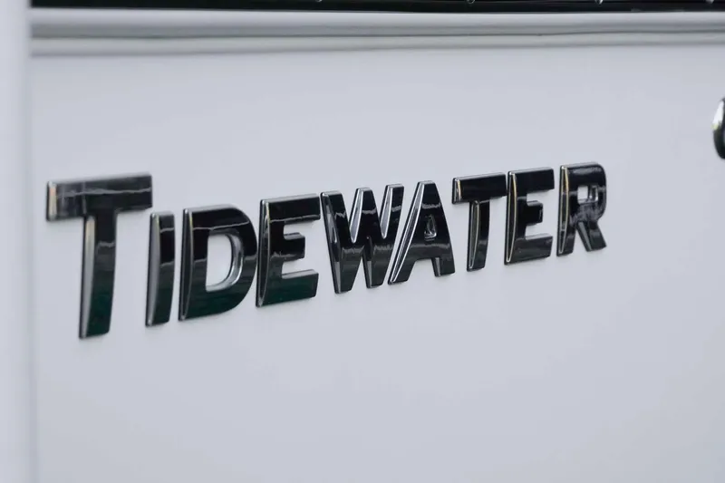 Slide: The Image of Close-up of Tidewater logo on 2026 2110 Bay Max boat. - 29