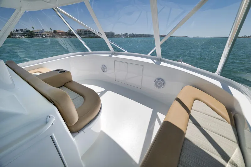Slide: The Image of 2003 Weaver Custom Sportfish boat interior with cushioned seating and ocean view. - 46
