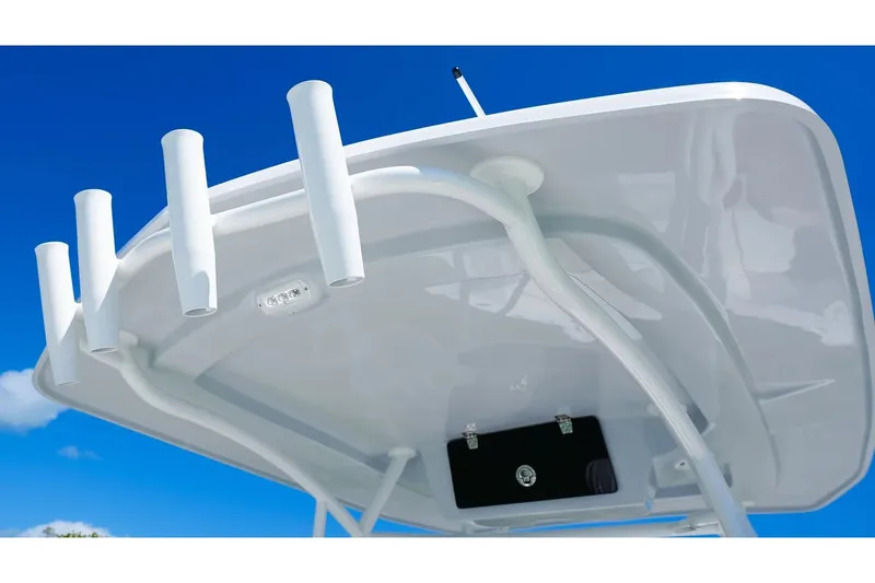 Slide: The Image of Twin Vee 240 GFX2 CC 2026 boat canopy with rod holders. - 7