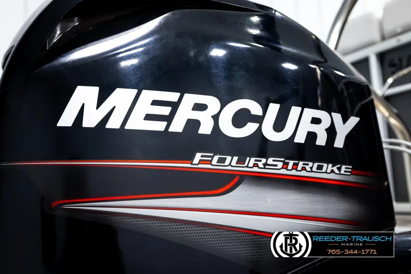Slide: The Image of Mercury FourStroke engine on a 2019 Sweetwater SW2086c boat, Reeder-Trausch Marine branding. - 42