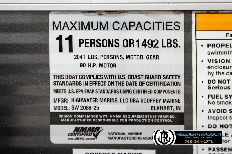 Slide: The Image of Boat capacity label for Sweetwater SW2086c, 2019 model, maximum 11 persons or 1492 lbs. - 50