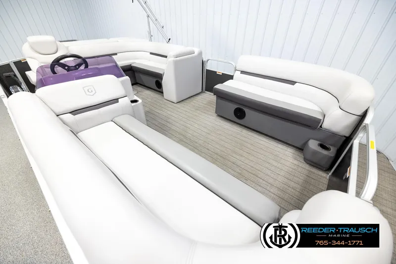 Slide: The Image of Interior of a 2019 Sweetwater SW2086c pontoon boat with plush seating and modern design. - 9