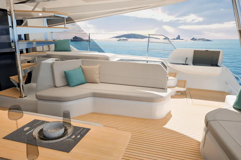 Slide: The Image of Luxurious 2026 Fountaine Pajot 55 yacht interior with elegant seating and ocean view. - 39
