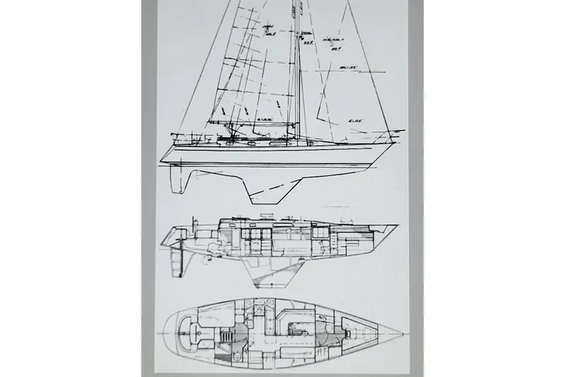 Slide: The Image of Blueprint of 1980 Nordic 44 sailboat, showcasing side and top views with detailed interior layout. - 18