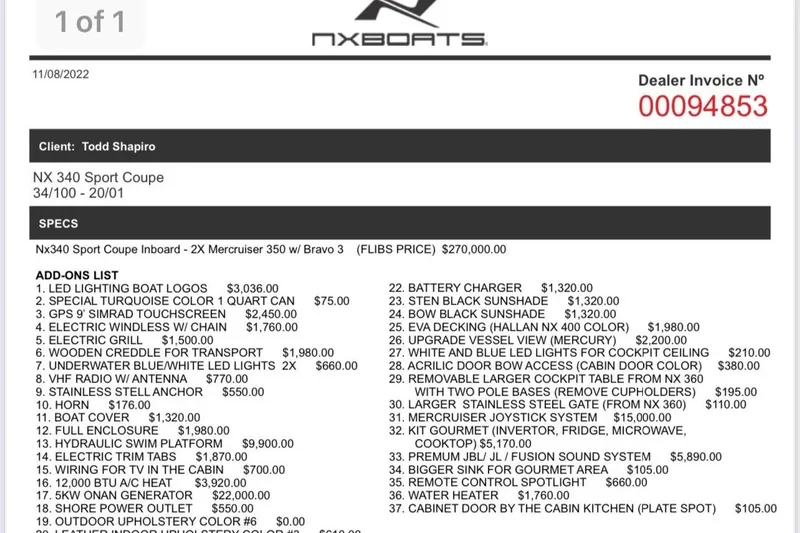 Slide: The Image of Dealer invoice for 2023 NX Boats NX340, listing specifications and add-ons. - 30
