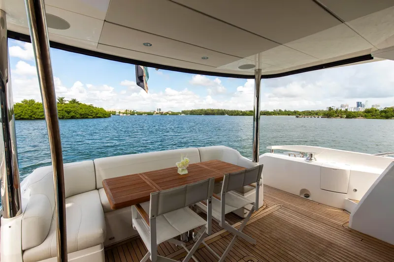 Slide: The Image of Luxurious Sunseeker Manhattan 68 yacht deck with elegant seating and scenic water view, 2021 model. - 101