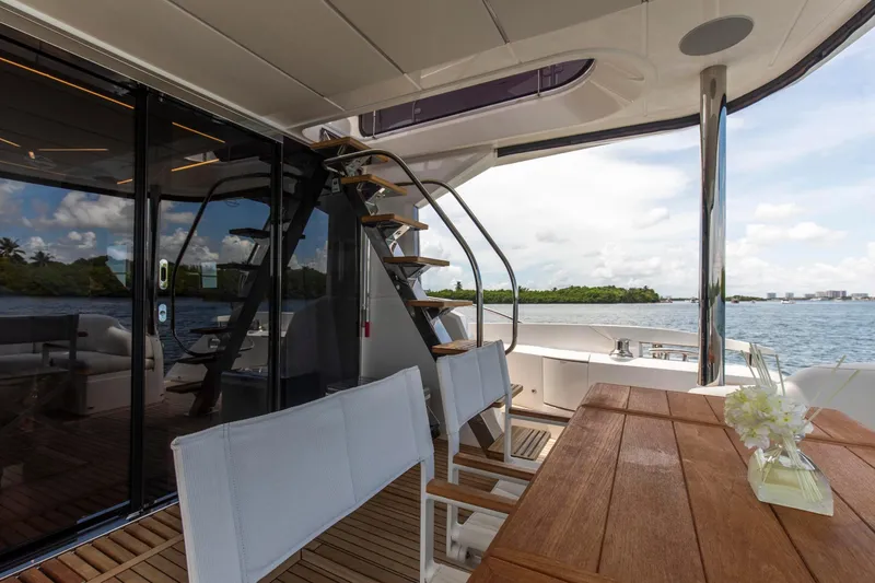 Slide: The Image of Luxurious Sunseeker Manhattan 68 yacht deck with elegant seating and scenic water view, 2021 model. - 103